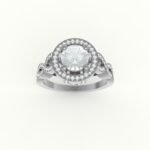 Witgouden ring met brilliante diamant en gewoven band met diamanten gezet.