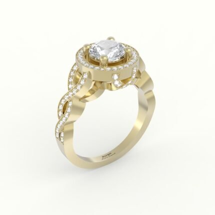 Gouden ring met brilliante diamant en gewoven band met diamanten gezet.