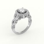 Witgouden ring met brilliante diamant en gewoven band met diamanten gezet.