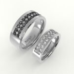 Witgouden trouwring gezet met twee rijen zwarte of heldere diamanten.