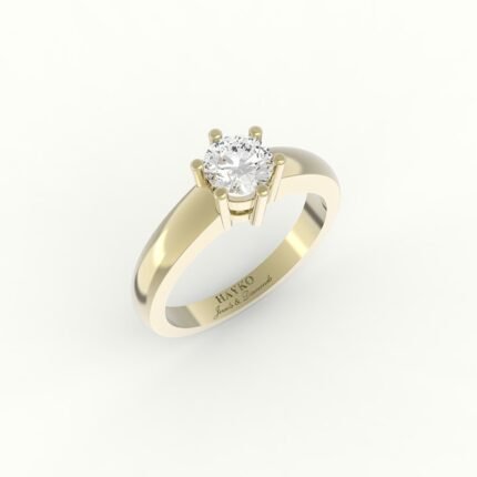Gouden solitaire ring met vierkante band en een diamant.