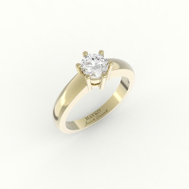 Gouden solitaire ring met vierkante band en een diamant.