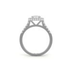 Witgouden ring met brilliante diamant, omringd met diamanten.