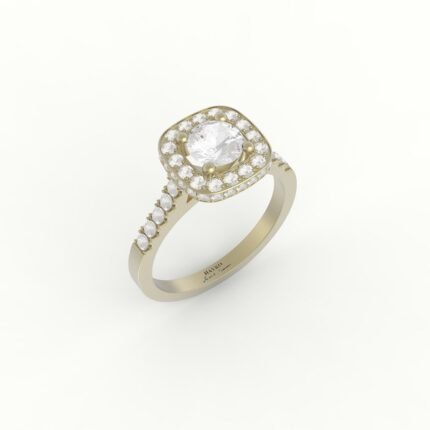 Gouden ring met brilliante diamant, omringd met diamanten.