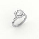Witgouden ring met brilliante diamant, omringd met diamanten.