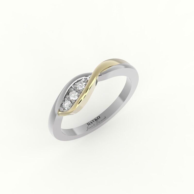 Witgouden verlovingsring met gouden detail, gezet met 3 diamanten.