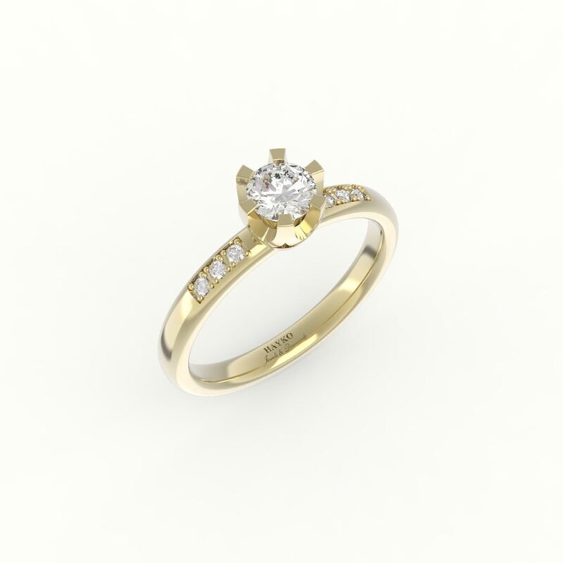 Gouden solitaire ring met diamanten in de band.