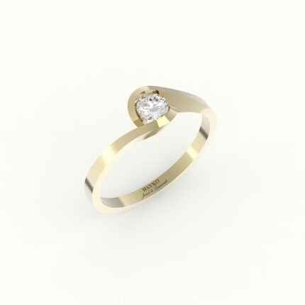 Gouden verlovingsring met ronde gedraaide zetting diamant.