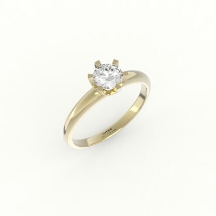 Gouden solitaire ring met zespotige zetting van een diamant.
