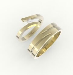 Gouden trouwring met open design, gezet met diamant.