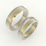 Tweedelige trouwring in goud en witgoud, gezet met drie diamanten.