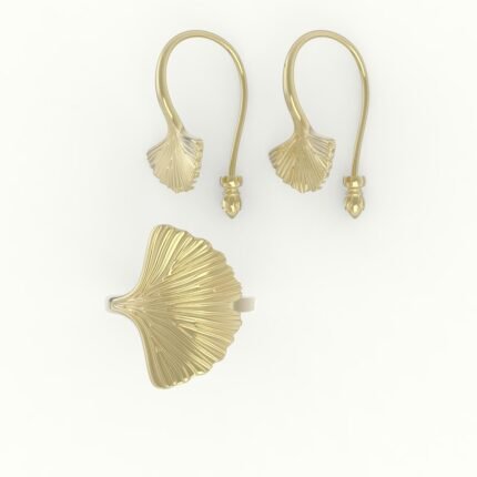 Set van Gouden ring en oorbellen met Japans shiso blad design.