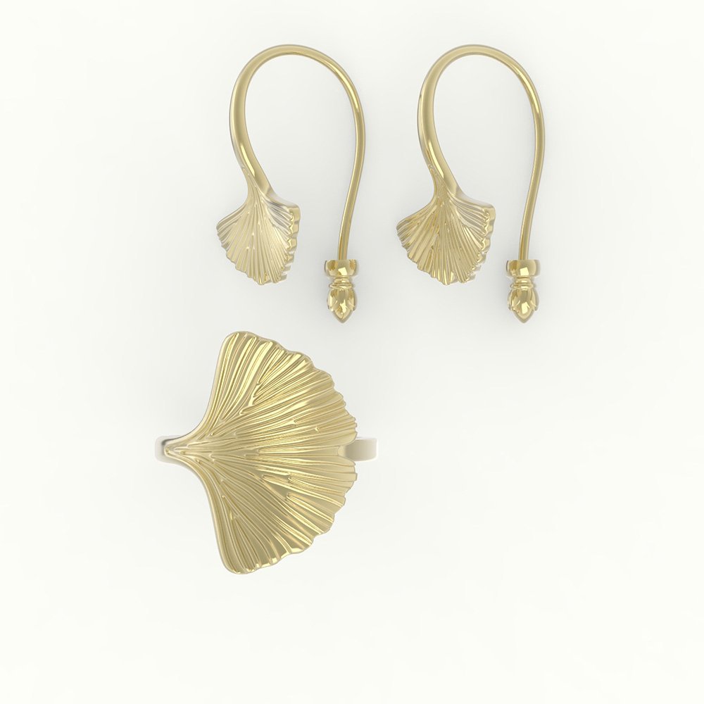 Set van Gouden ring en oorbellen met Japans shiso blad design.