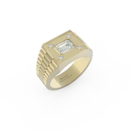 Gouden zegelring met emerald diamant en rolex style band.