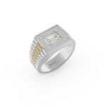 Witgouden zegelring met emerald diamant en rolex style band.