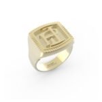 Gouden zegelring met initialen en kartelrand.