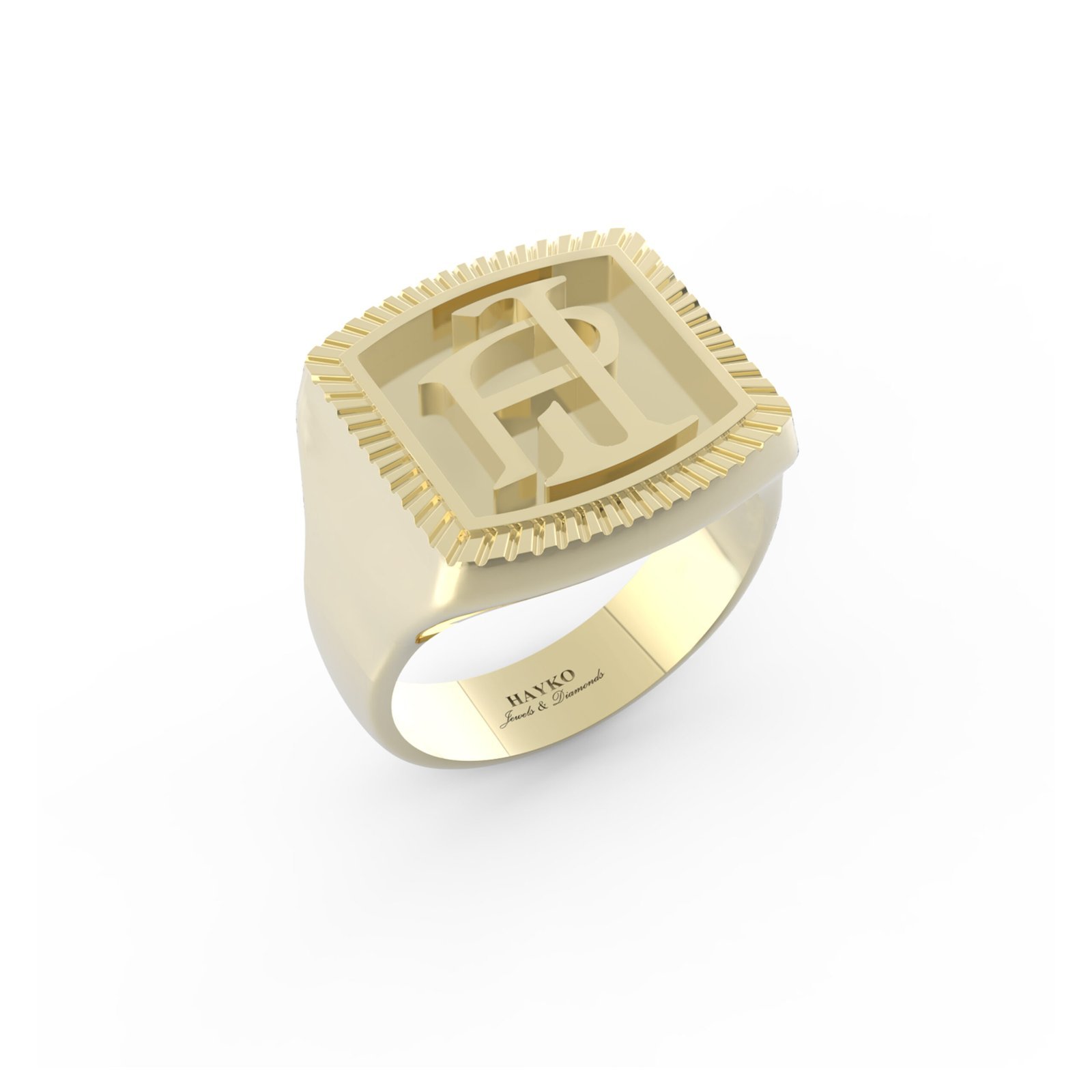 Gouden zegelring met initialen en kartelrand.