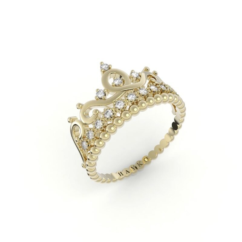 Gouden ring met kroontjesversiering rondom gezet met diamanten.