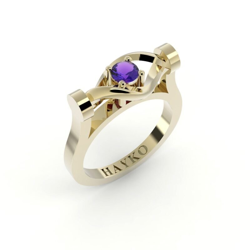 Gouden design ring met saffier en robijn.