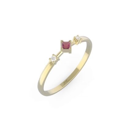 Gouden verlovingsring met ovale diamanten en vierkante robijn.