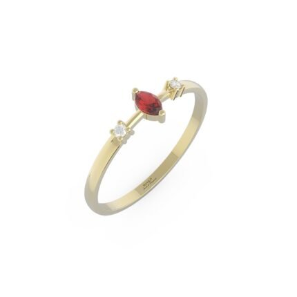 Gouden verlovingsring met ronde diamanten en ovale robijn.