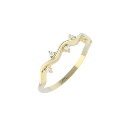 Gouden golvende verlovingsring met vijf diamanten.
