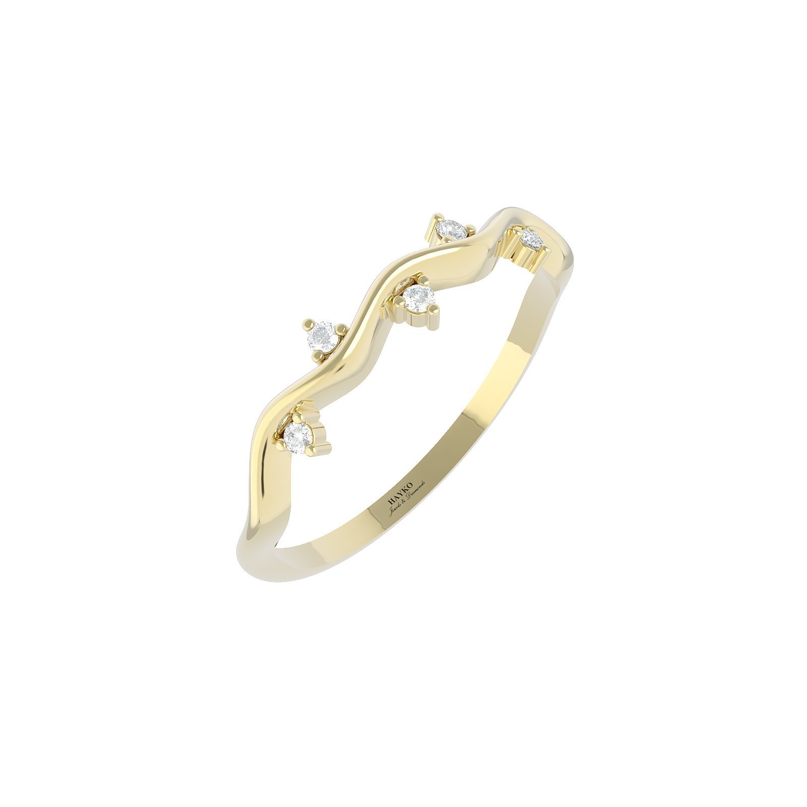 Gouden golvende verlovingsring met vijf diamanten.
