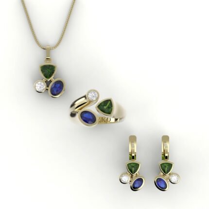 Set van asymmetrische gouden hanger, ring en oorbellen gezet met diamant, saffier en peridot.