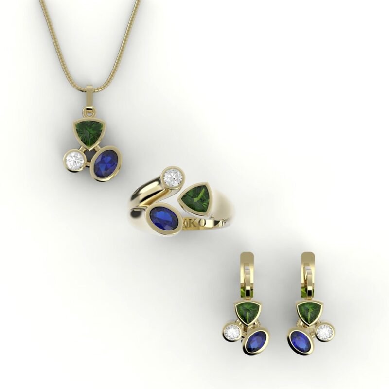 Set van asymmetrische gouden hanger, ring en oorbellen gezet met diamant, saffier en peridot.
