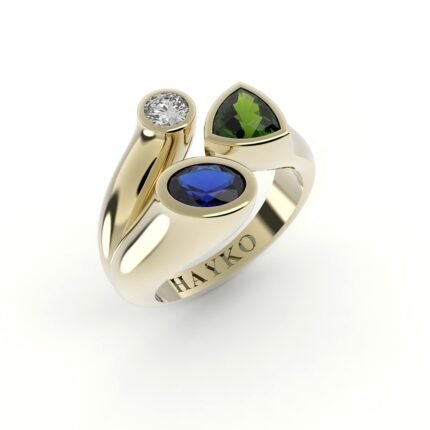 Gouden asymmetrische ring gezet met diamant, saffier en peridot