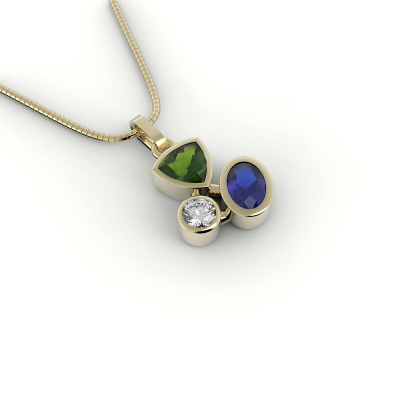 Gouden asymmetrische hanger gezet met diamant, saffier en smaragd.