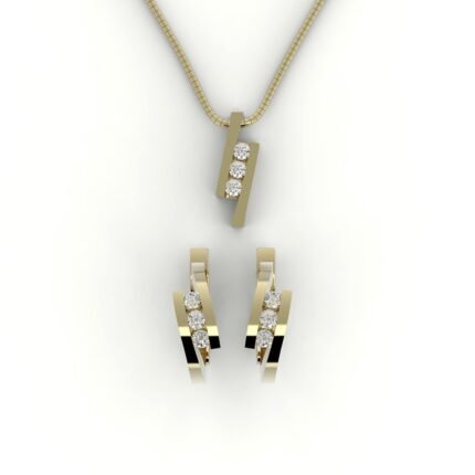 Set van gouden hanger en oorbellen gezet met 3 diamanten per sieraad.