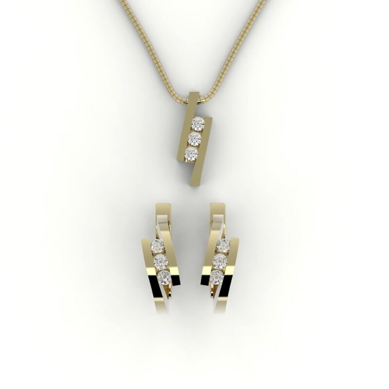 Set van gouden hanger en oorbellen gezet met 3 diamanten per sieraad.