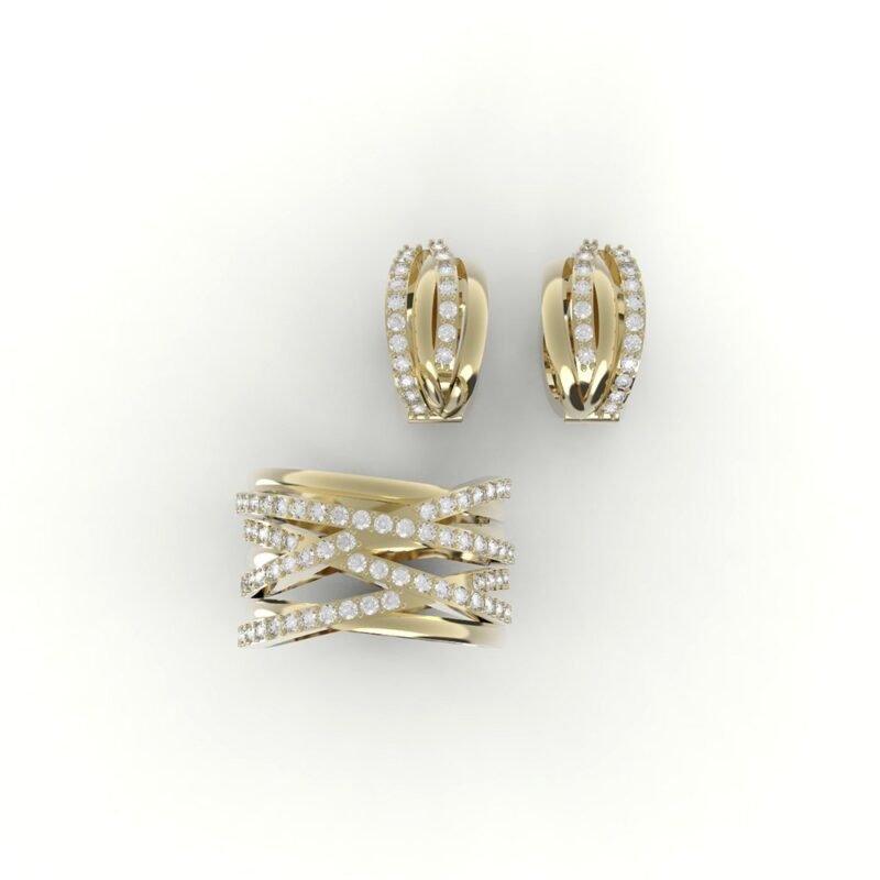 Set van gouden gewoven oorbellen en ring, rondom gezet met diamanten