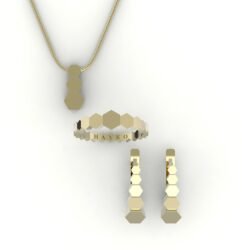 Set van gouden hanger, ring en oorbellen met hexagon design.