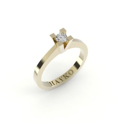 Gouden solitaire ring met moderne zetting.