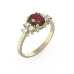 Gouden ring met robijn en diamanten gezet.