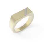 Gouden zegelring met rechthoekige zegel en witgouden decoratie.