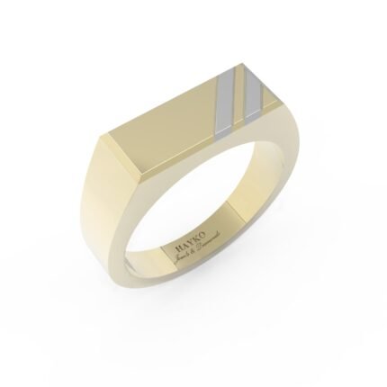 Gouden zegelring met rechthoekige zegel en witgouden decoratie.