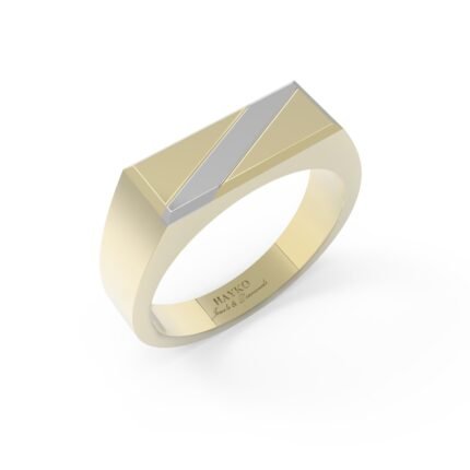 Gouden zegelring met rechthoekige zegel en witgouden decoratie.